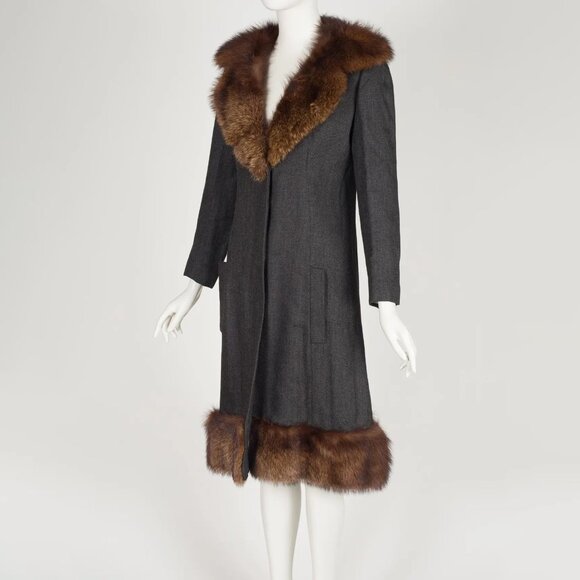 1970s Vintage Genuine Fur Trim Gray Wool Slim Fit Midi Coat Sz S - Picture 3 of 4